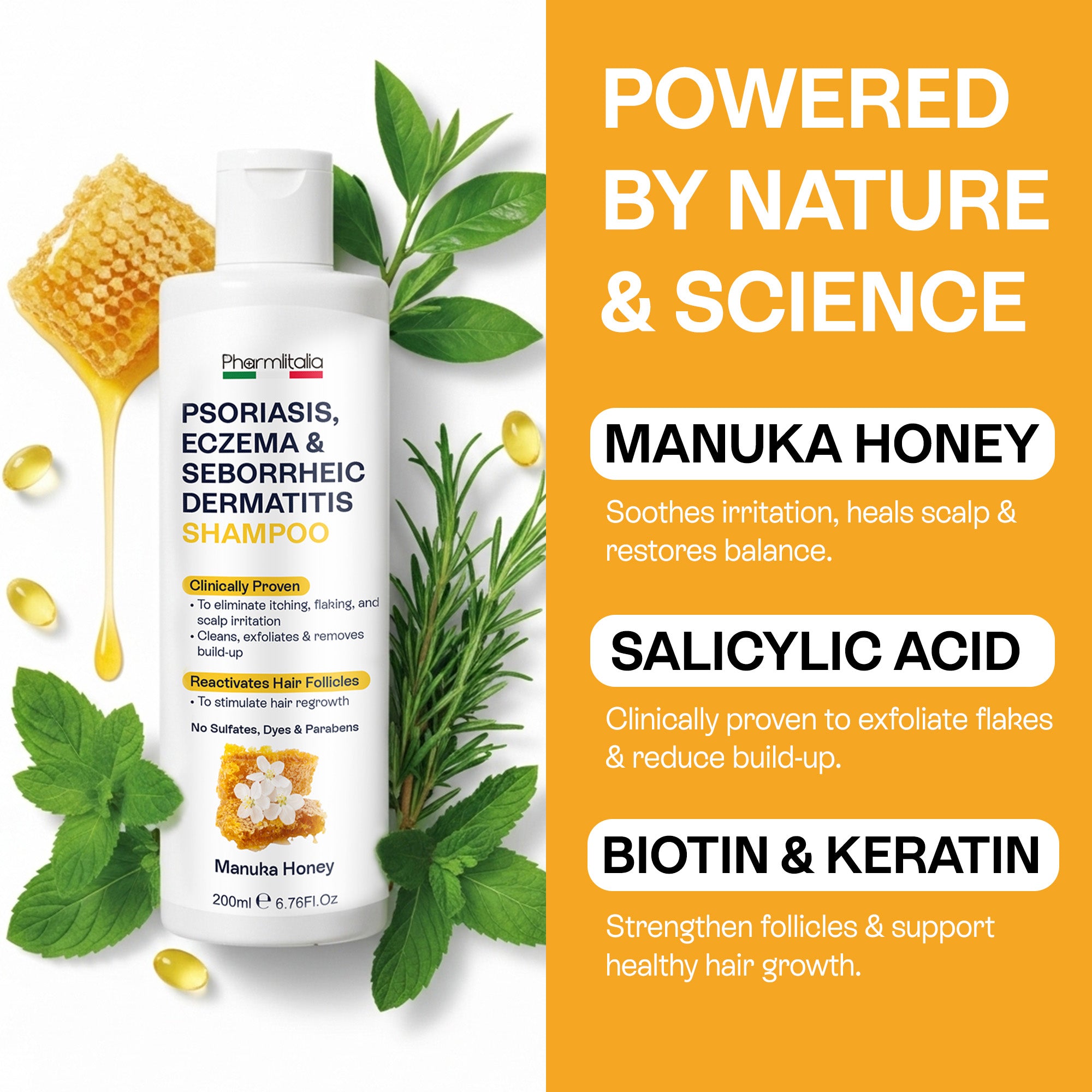 Psoriasis Shampoo for Dry, Itchy & Flaky Scalp | Eczema, Folliculitis & Seborrheic Dermatitis Care | Manuka Honey – 200ml