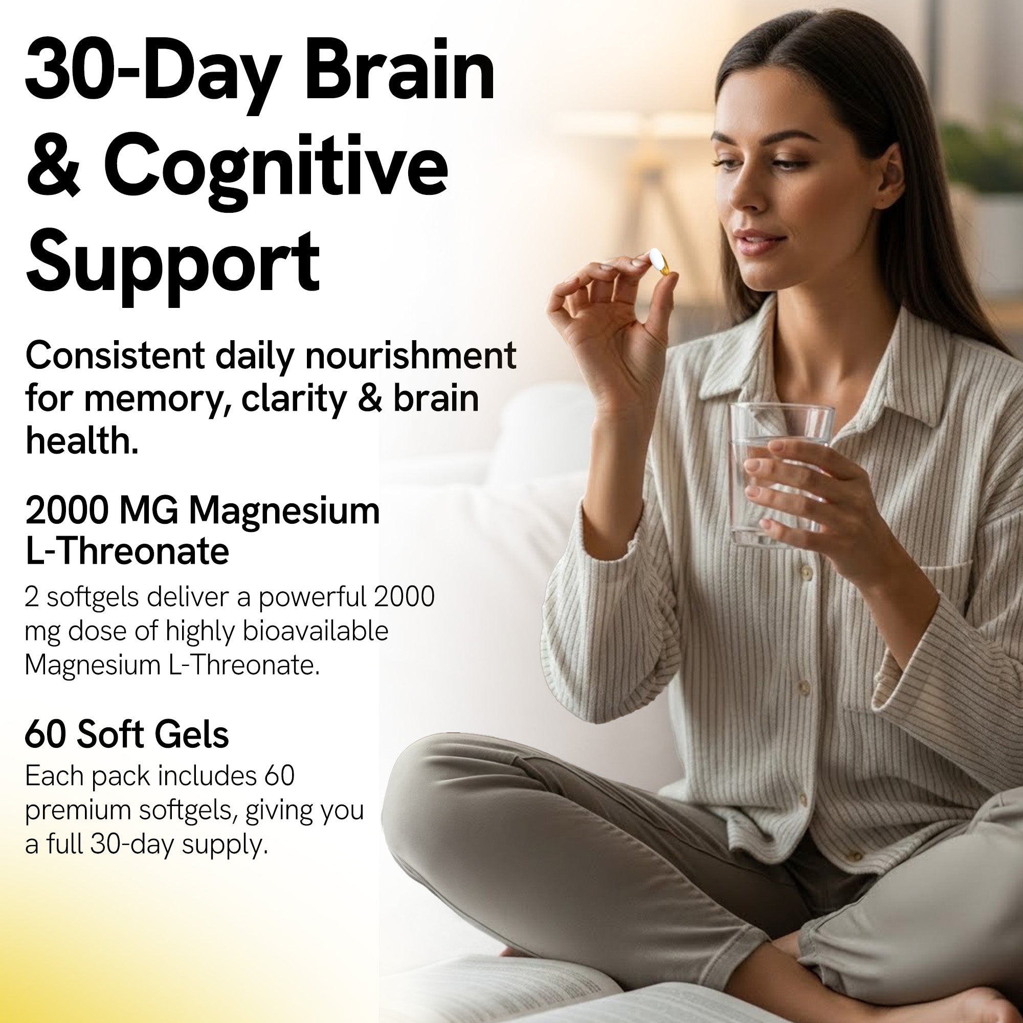 Magnesium L-Threonate 2000mg Softgels for Memory, Focus & Sleep Support
