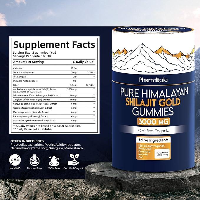 Himalayan Shilajit Gummies 3000mg ā Ashwagandha & Manuka Honey, No Added Sugar, 60 Gummies - Pharmlitalia