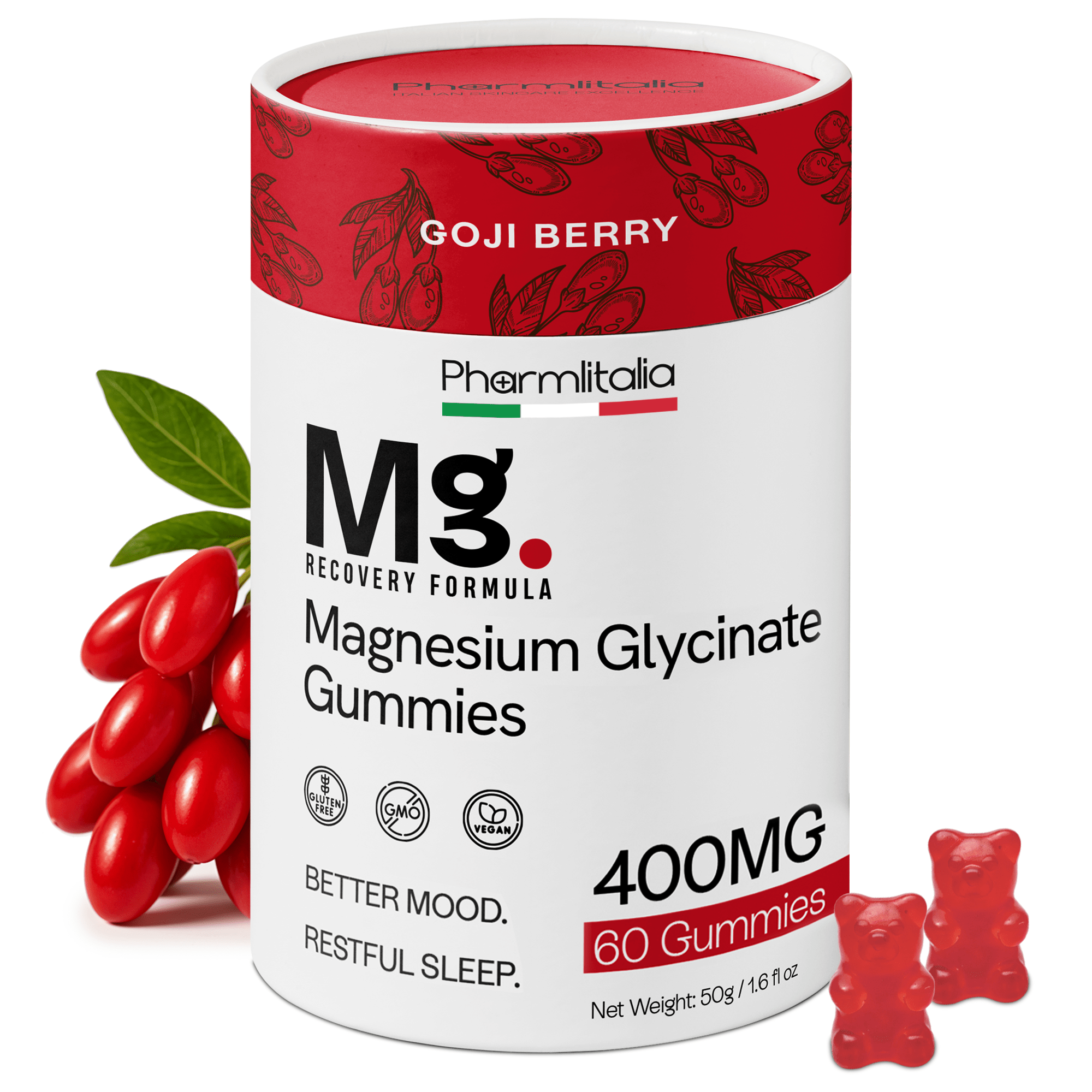Magnesium Glycinate Gummies 400mg - Sleep Gummies for Kids & Adults - Magnesium Glycinate Chewable High Absorption for Muscle Recovery, Better Sleep & Relaxation - Goji Berry Flavor 60 Count - Pharmlitalia