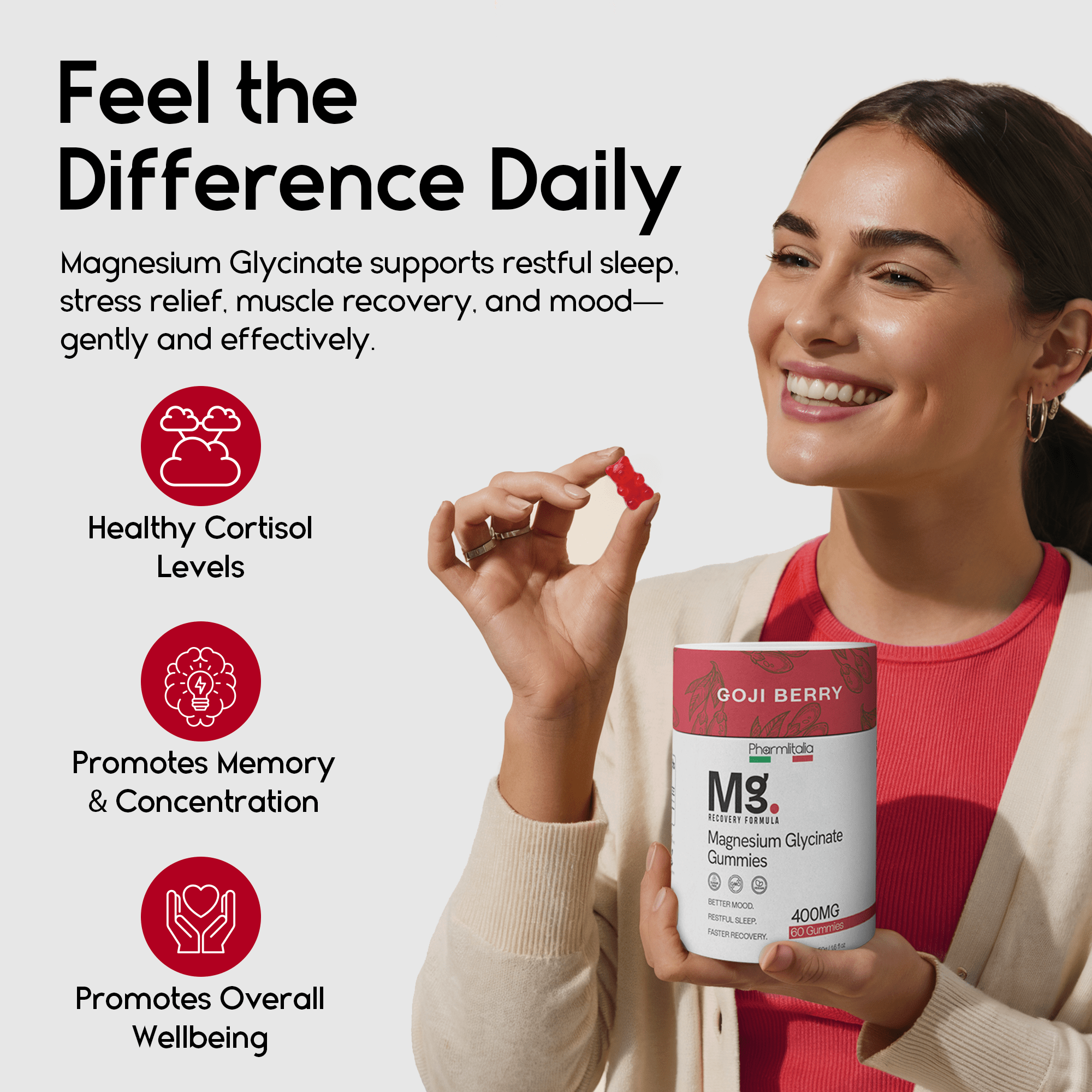 Magnesium Glycinate Gummies 400mg - Sleep Gummies for Kids & Adults - Magnesium Glycinate Chewable High Absorption for Muscle Recovery, Better Sleep & Relaxation - Goji Berry Flavor 60 Count - Pharmlitalia