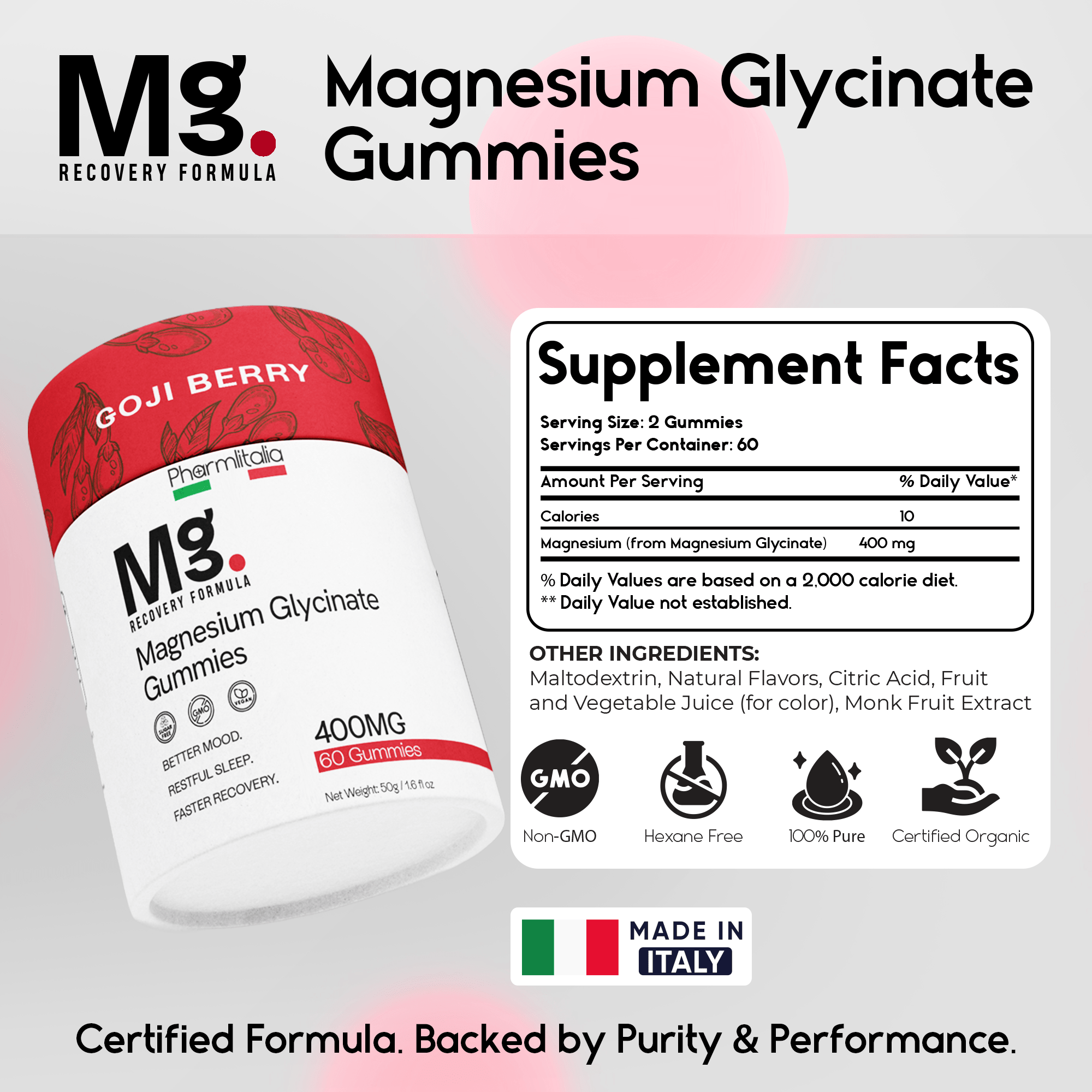 Magnesium Glycinate Gummies 400mg - Sleep Gummies for Kids & Adults - Magnesium Glycinate Chewable High Absorption for Muscle Recovery, Better Sleep & Relaxation - Goji Berry Flavor 60 Count - Pharmlitalia