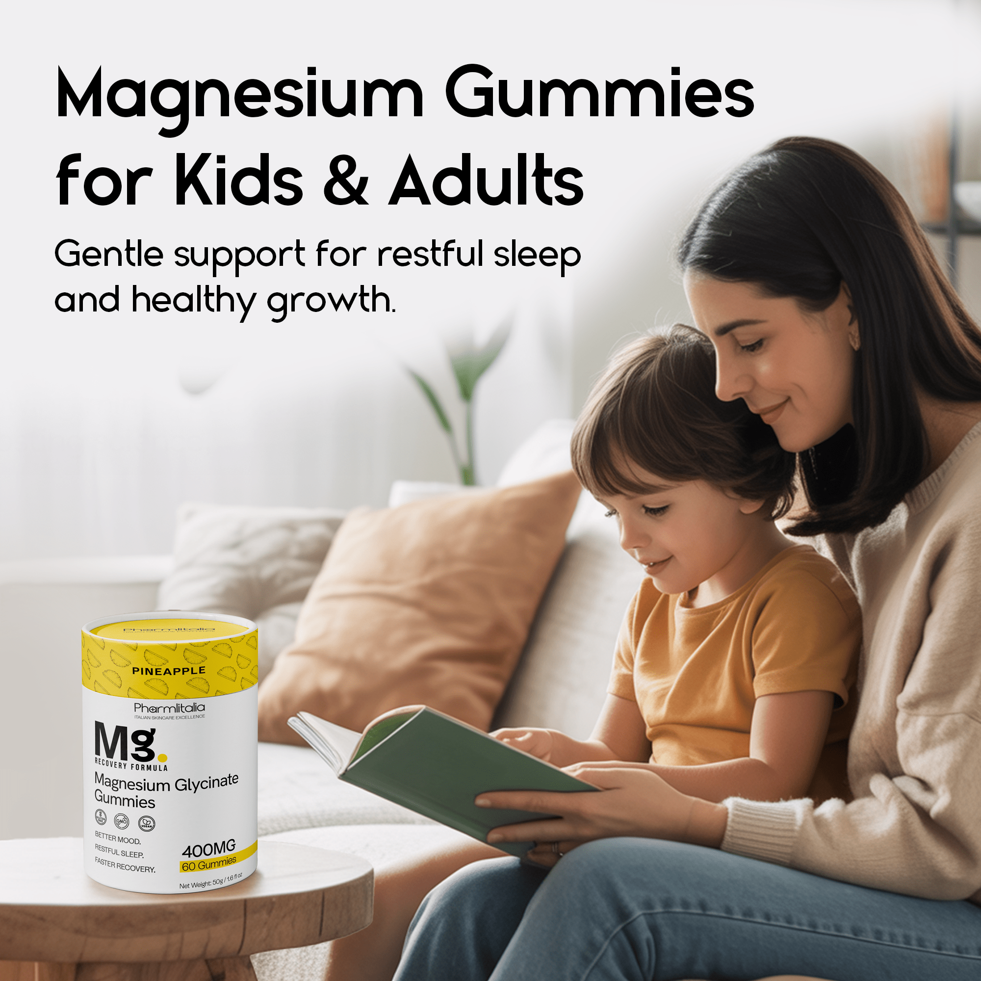 Magnesium Glycinate Gummies 400mg - Sleep Gummies for Kids & Adults - Magnesium Glycinate Chewable High Absorption for Muscle Recovery, Better Sleep & Relaxation - Pineapple Flavor 60 Coun - Pharmlitalia