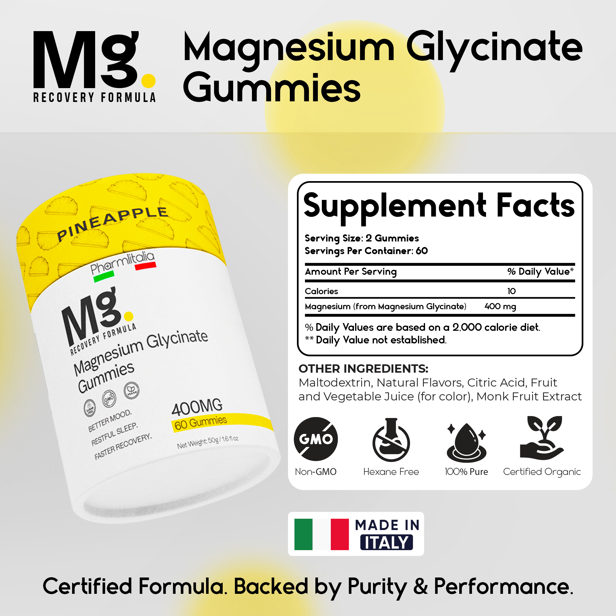 Magnesium Glycinate Gummies 400mg - Sleep Gummies for Kids & Adults - Magnesium Glycinate Chewable High Absorption for Muscle Recovery, Better Sleep & Relaxation - Pineapple Flavor 60 Coun - Pharmlitalia