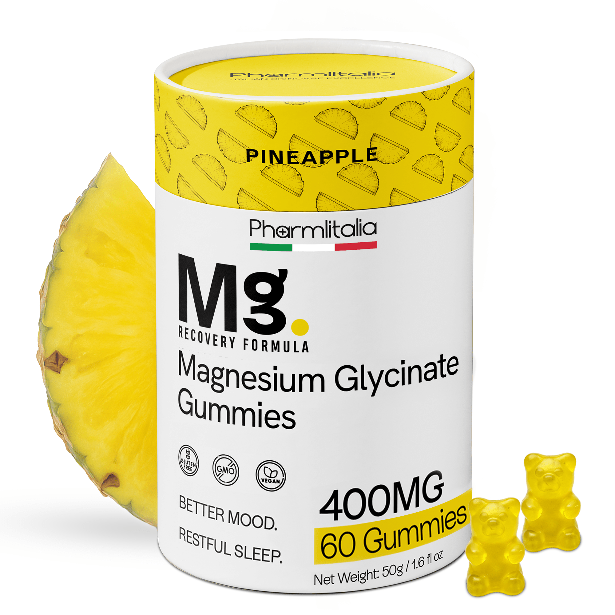 Magnesium Glycinate Gummies 400mg - Sleep Gummies for Kids & Adults - Magnesium Glycinate Chewable High Absorption for Muscle Recovery, Better Sleep & Relaxation - Pineapple Flavor 60 Coun - Pharmlitalia
