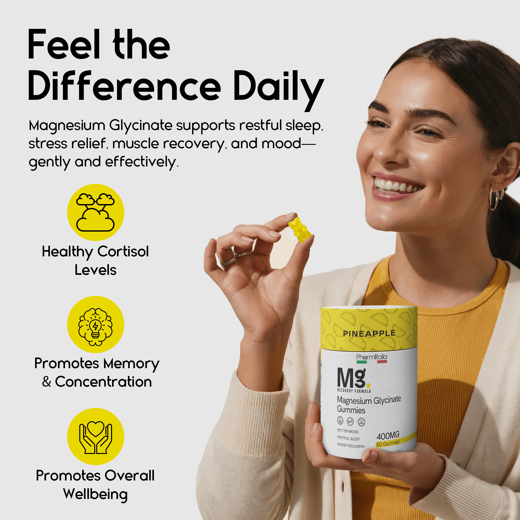 Magnesium Glycinate Gummies 400mg - Sleep Gummies for Kids & Adults - Magnesium Glycinate Chewable High Absorption for Muscle Recovery, Better Sleep & Relaxation - Pineapple Flavor 60 Coun - Pharmlitalia