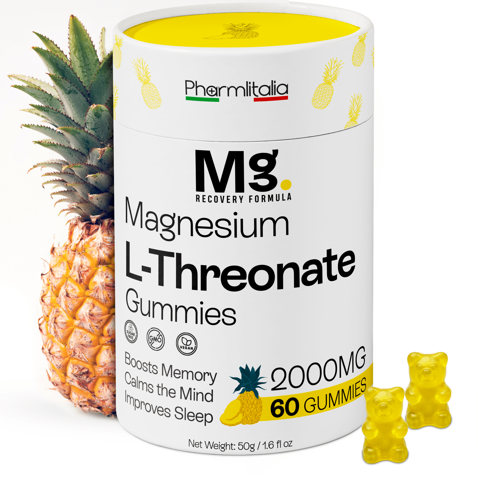 Magnesium L - Threonate Gummies for Adults & Kids 2000mg – Brain Supplements for Memory and Focus - Calm Magnesium Gummies for Improved Sleep and Healthy Mind - Pineapple Flavor (60 Count) - Pharmlitalia