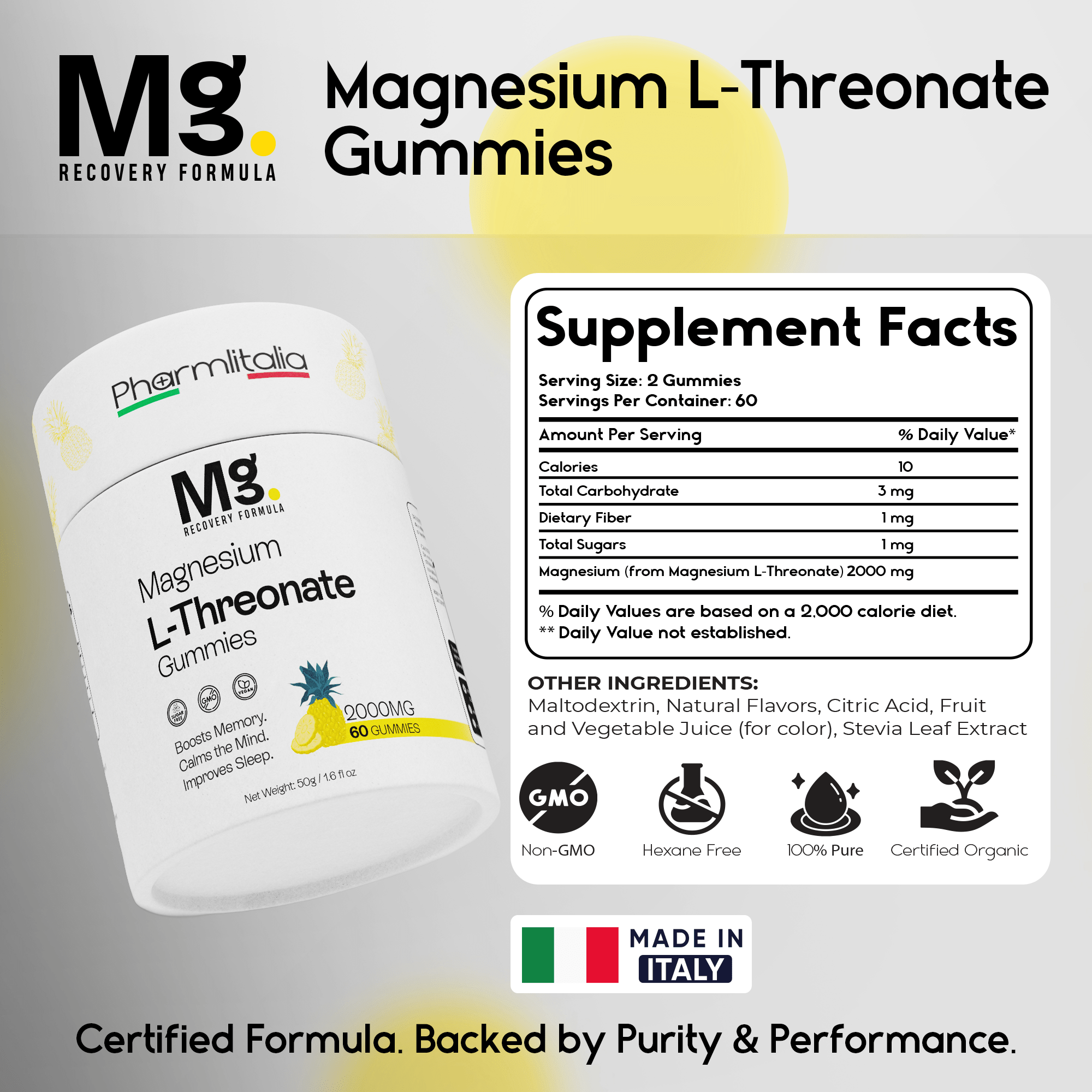 Magnesium L - Threonate Gummies for Adults & Kids 2000mg – Brain Supplements for Memory and Focus - Calm Magnesium Gummies for Improved Sleep and Healthy Mind - Pineapple Flavor (60 Count) - Pharmlitalia