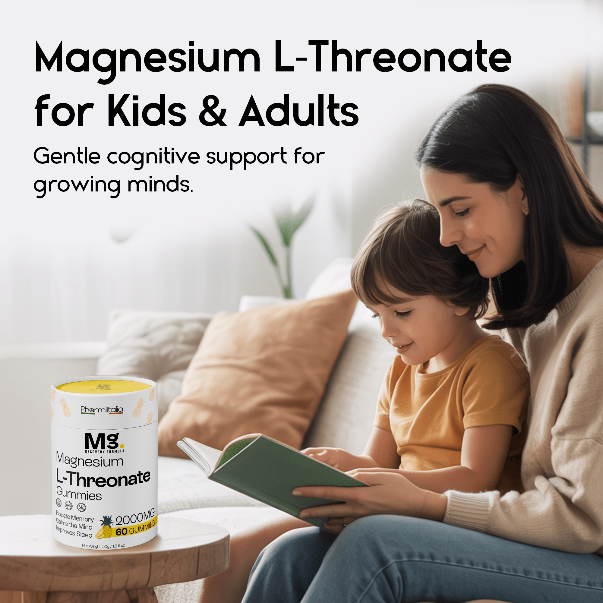 Magnesium L - Threonate Gummies for Adults & Kids 2000mg – Brain Supplements for Memory and Focus - Calm Magnesium Gummies for Improved Sleep and Healthy Mind - Pineapple Flavor (60 Count) - Pharmlitalia
