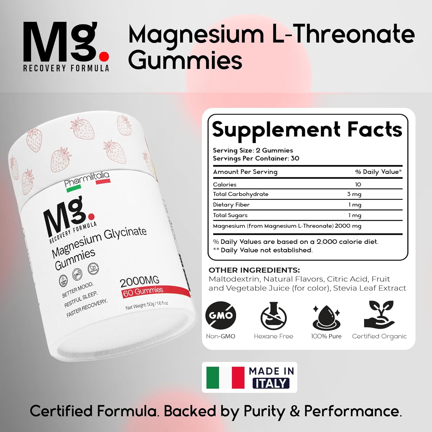 Magnesium L-Threonate Gummies | Brain, Sleep &amp; Focus Support  - 60 Count (Strawberry)