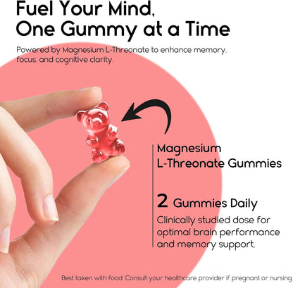 Magnesium L-Threonate Gummies | Brain, Sleep &amp; Focus Support  - 60 Count (Strawberry)