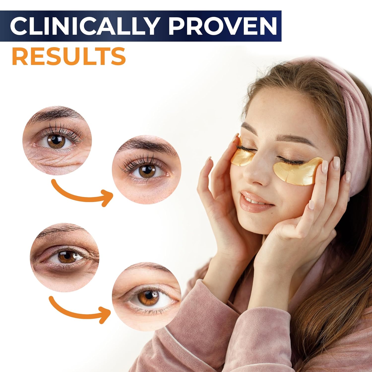 Anti-aging under-eye patches with Collagen &amp; Hyaluronic Acid reduce puffiness, dark circles, and wrinkles—wake up refreshed with younger-looking eyes!