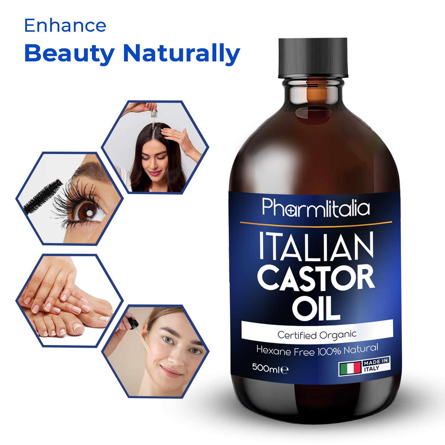 Hexane - Free Cold pressed Organic Castor Oil Glass Bottle - For Face, Hair, and Eyelash Care | 500ml - Pharmlitalia