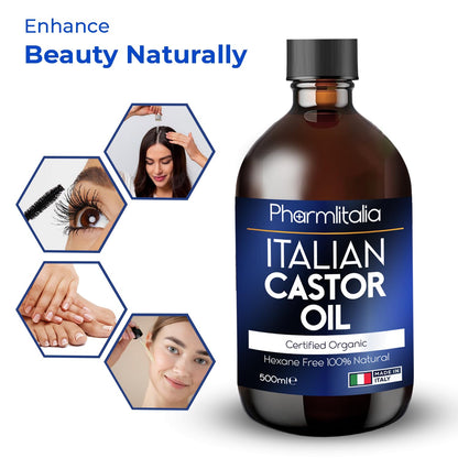 Hexane - Free Cold pressed Organic Castor Oil Glass Bottle - For Face, Hair, and Eyelash Care | 500ml - Pharmlitalia