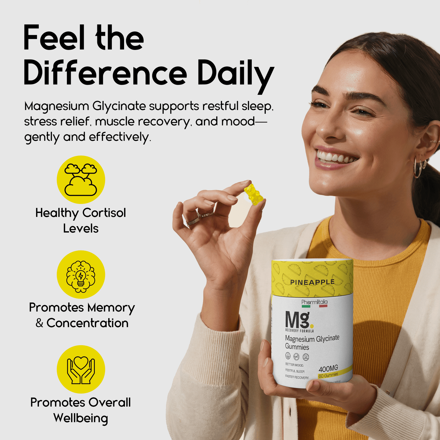 Magnesium Glycinate Gummies 400mg - Sleep Gummies for Kids &amp; Adults - Magnesium Glycinate Chewable High Absorption for Muscle Recovery, Better Sleep &amp; Relaxation - Pineapple Flavor 60 Coun - Pharmlitalia