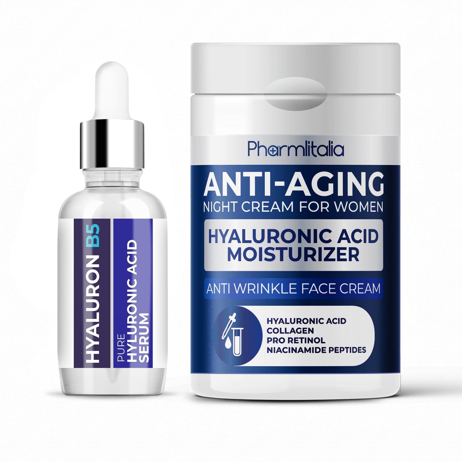 Pure Hyaluronic Acid Serum + Night Cream Bundle – Deep Wrinkle Repair &amp; Hydration Set | Anti - Aging Face Moisturizer for Women with Dry Skin - Pharmlitalia